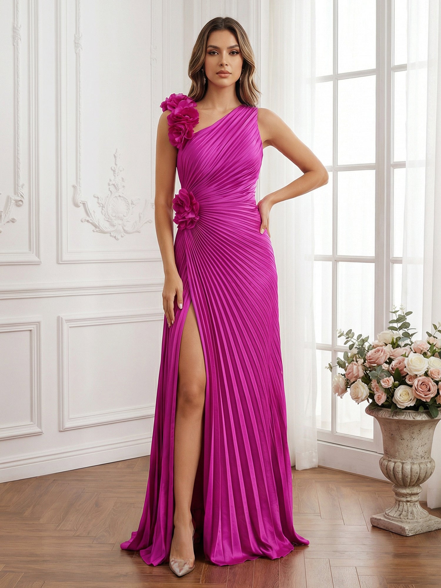 Olive Green Pleated One-Shoulder Prom Dress with 3D Rosettes