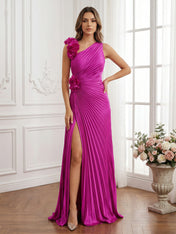 Olive Green Pleated One-Shoulder Prom Dress with 3D Rosettes