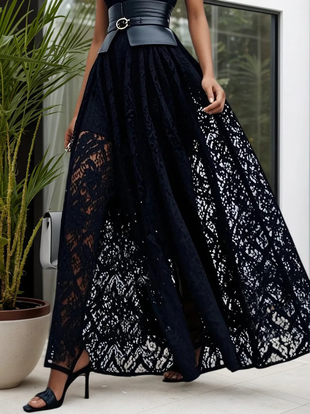Black Lace Hollow Out Crew Neck Sleeveless A-Line Maxi Dress