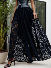 Black Lace Hollow Out Crew Neck Sleeveless A-Line Maxi Dress