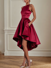 Party Cocktail Dress Wine Red Round Neck Asymmetrical Length Dress