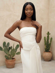 White Strapless Mermaid Satin Evening Dress with Pleat