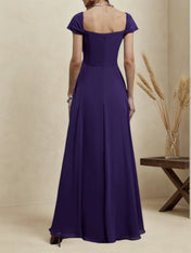 Purple Chiffon Square Neck Short Sleeve A-Line Maxi Bridesmaid Dress