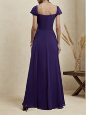 Purple Chiffon Square Neck Short Sleeve A-Line Maxi Bridesmaid Dress