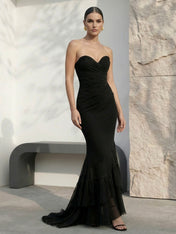 Black Sweetheart Tiered Mermaid Chiffon Evening Dress with Pleat