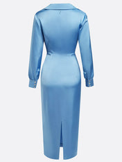 Blue Satin Ruched Shirt Collar Sheath Midi Shirt Dress