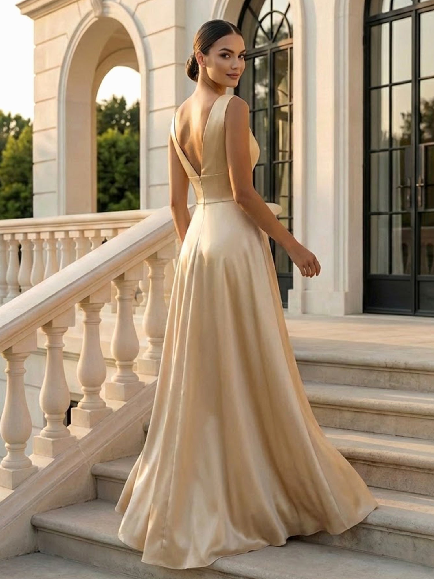 Champagne V Neck Evening Dress with Ruffle A Line Maxi Dress