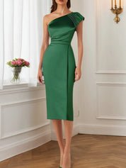 Cocktail Party Dress Green One-Shoulder Fitted Midi Dress