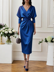 Fall Wedding Guest Dress Blue V Neck Midi Half Sleeve Satin Dress