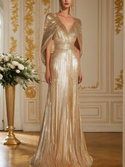 Formal Evening Fringe Dress Gold Sequin V Neck Cape Maxi Gown