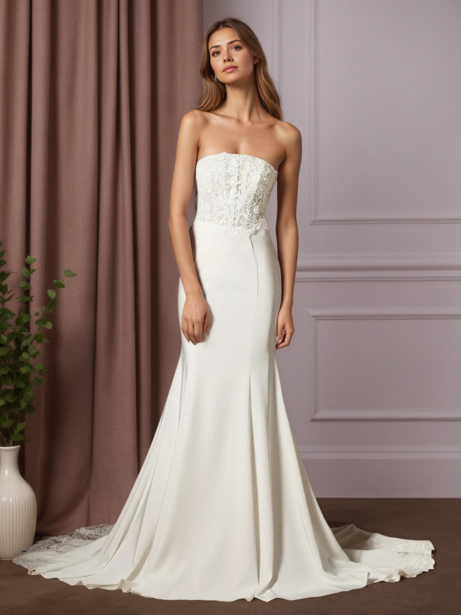 White Mermaid Lace Crepe Back Satin Wedding Dress
