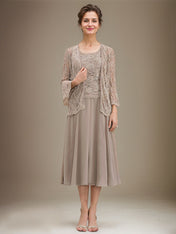 A-line Scoop Tea-Length Lace Chiffon Mother of the Bride Dress With Sequins