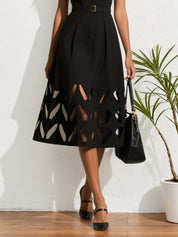 Black Devore Classic V Neck Sleeveless A-Line Midi Dress