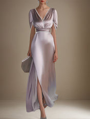 A Line Pink Pearl Satin V Neck Short Sleeves Formal Dress With Slit