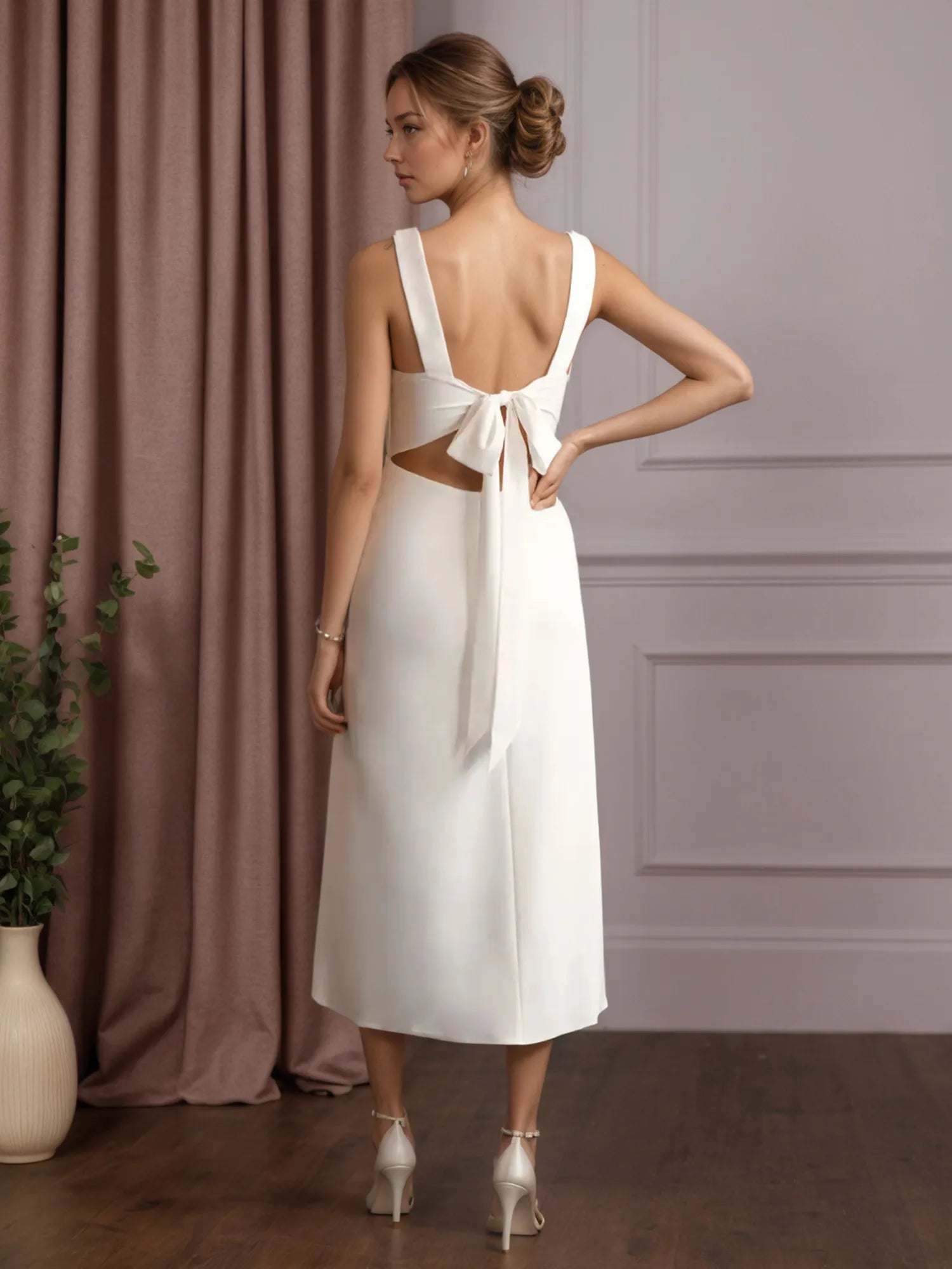 White A-Line V-Neck Bow Stretch Crepe Dress