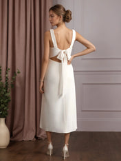 White A-Line V-Neck Bow Stretch Crepe Dress
