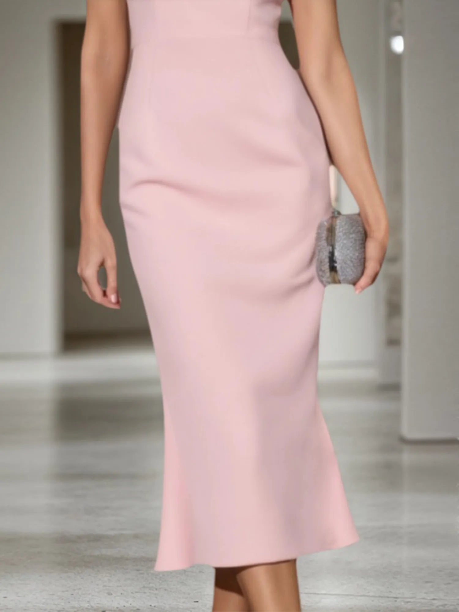 Fall Wedding Guest Dress Pink Crew Neck Midi Mermaid Sheath Dress