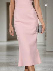 Fall Wedding Guest Dress Pink Crew Neck Midi Mermaid Sheath Dress
