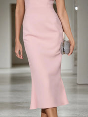 Fall Wedding Guest Dress Pink Crew Neck Midi Mermaid Sheath Dress