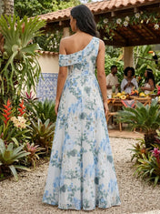 One-Shoulder Floral Print A-Line Evening Gown with High Slit