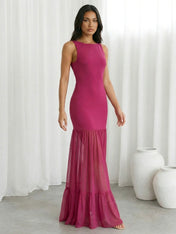 Dark Green Mermaid Boat Neck Maxi Dresses with Ruffle