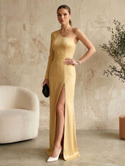 Long Sleeves Black One Shoulder Formal Dress Evening Gown