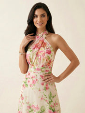 Pink Floral Print Halter Neck A-Line Maxi Dress