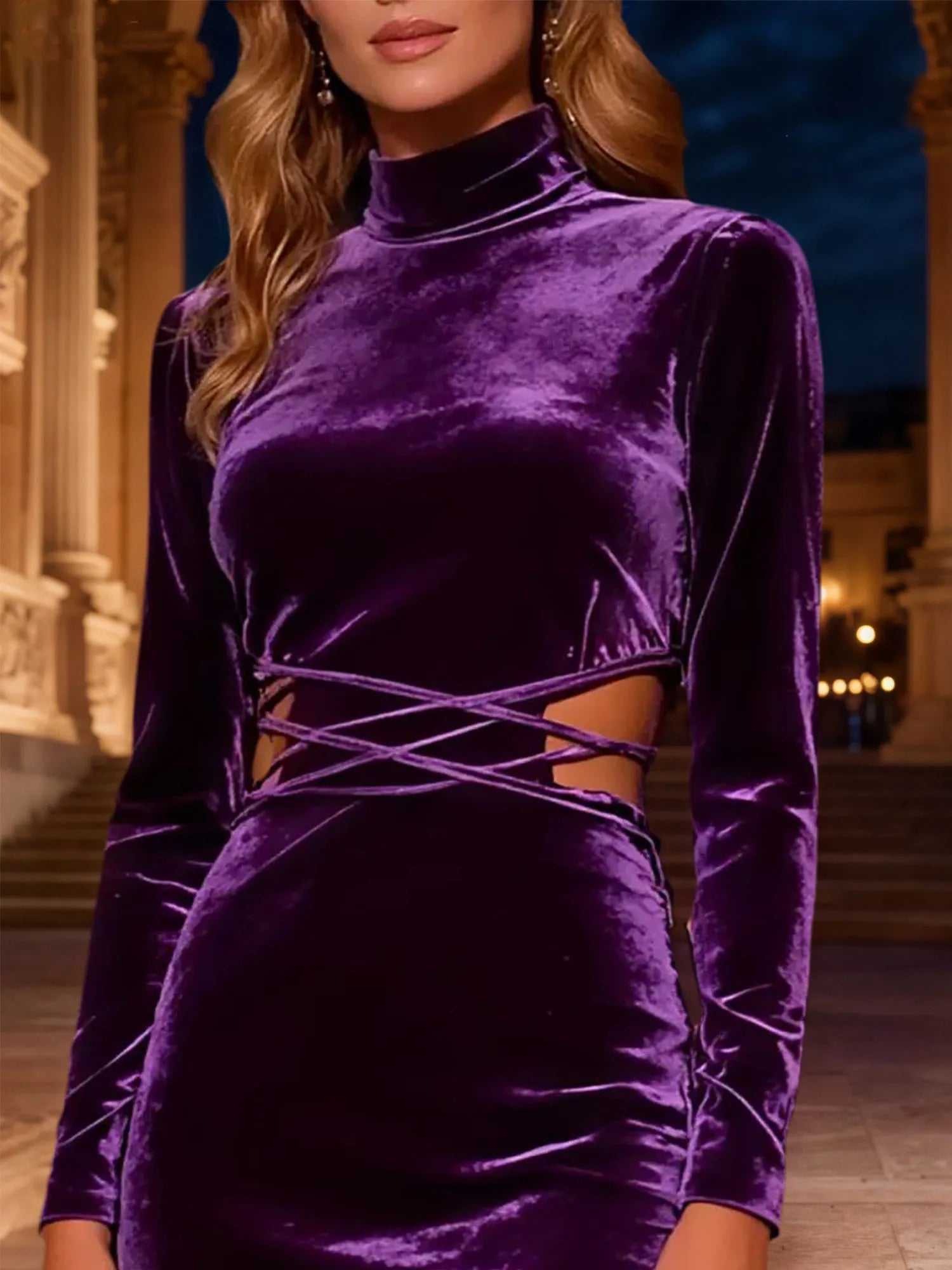 Purple Mermaid High Neck Long Velvet Holiday Party Dress