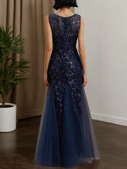 Purplish Blue Sequin Crew Neck Sleeveless Sheath Maxi Dress
