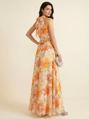 Vibrant Halter High-Neck Floral Ruched Chiffon Maxi Dress