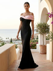 Black Off the Shoulder Mermaid Satin Evening Dresses with Train