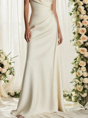 Beige Ruched Satin Spaghetti Gallus A-Line Gown Bridal/Wedding Dress