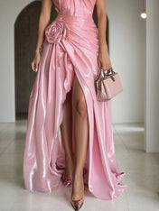 Pink Flash 3D Floral Classic Halter Sleeveless A-Line Maxi Dress