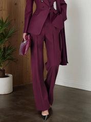 Women Wine Red Buckle Shoulder Pad Lapel Collar Long Sleeve Dressy Coat With Pants Two-Piece Set