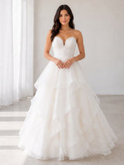 Elegant Strapless White Lace and Tiered Organza A-Line Wedding Dress with Chapel Train