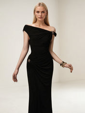 Black Jersey Metal Button Off-Shoulder Midi Dress