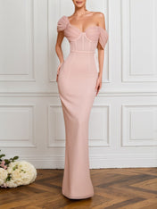 Evening Formal Gown Light Pink Tulle Corset Bodycon Maxi Dress