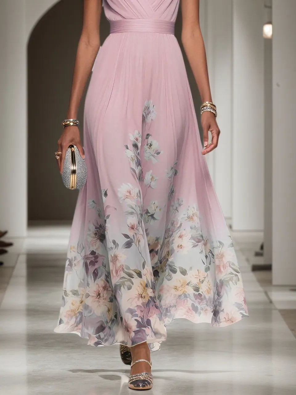 Pink Floral Chiffon V Neck Sleeveless A-Line Maxi Dress