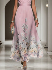Pink Floral Chiffon V Neck Sleeveless A-Line Maxi Dress