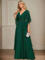 A-line V-Neck Floor-Length Chiffon Mother of the Bride Dress With Sequins Appliques Lace Beading