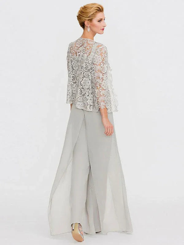 Ensemble 3 pièces en mousseline de soie avec col carré et veste pour mère de la mariée 