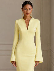 Formal Yellow V Neck Long Sleeves Floor Length Dress With Slit