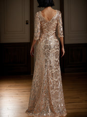 Rose Gold Sequin Crew Neck Three Quarter Sleeve Mermaid Gown Dress
