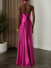 Rose Red Halter Neck Ruched Satin Mock Neck Sleeveless Sheath Gown Dress