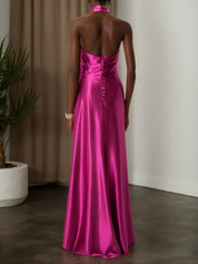 Rose Red Halter Neck Ruched Satin Mock Neck Sleeveless Sheath Gown Dress