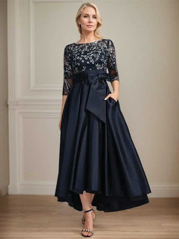 A-line Scoop Illusion Asymmetrical Satin Lace Mother of the Bride Dress With Bow