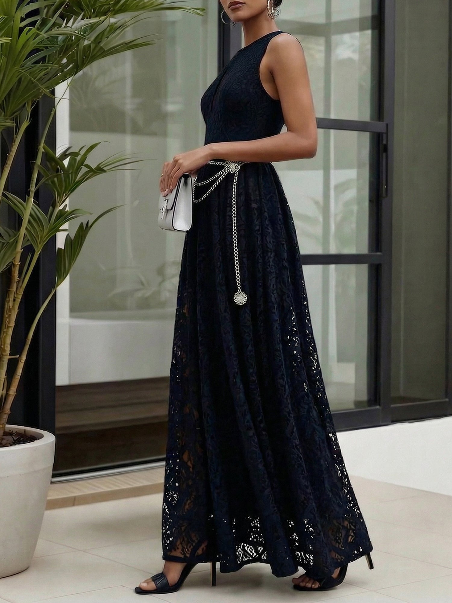 Midnight Black Lace Hollow Out Crew Neck Sleeveless A-Line Maxi Dress