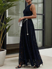 Midnight Black Lace Hollow Out Crew Neck Sleeveless A-Line Maxi Dress