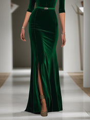 Evening Velvet Dress Green Deep V Maxi Mother of the Bride Dress
