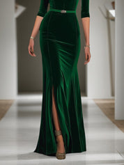 Evening Velvet Dress Green Deep V Maxi Mother of the Bride Dress